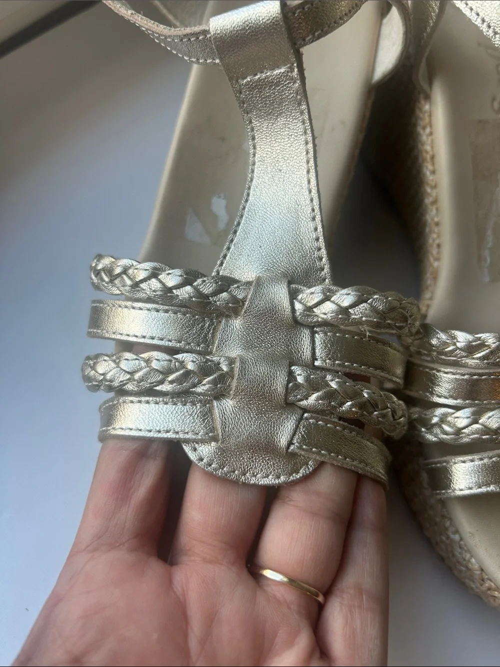 Paul Green Metallic Gold Leather T-Strap Wedge Sandals
